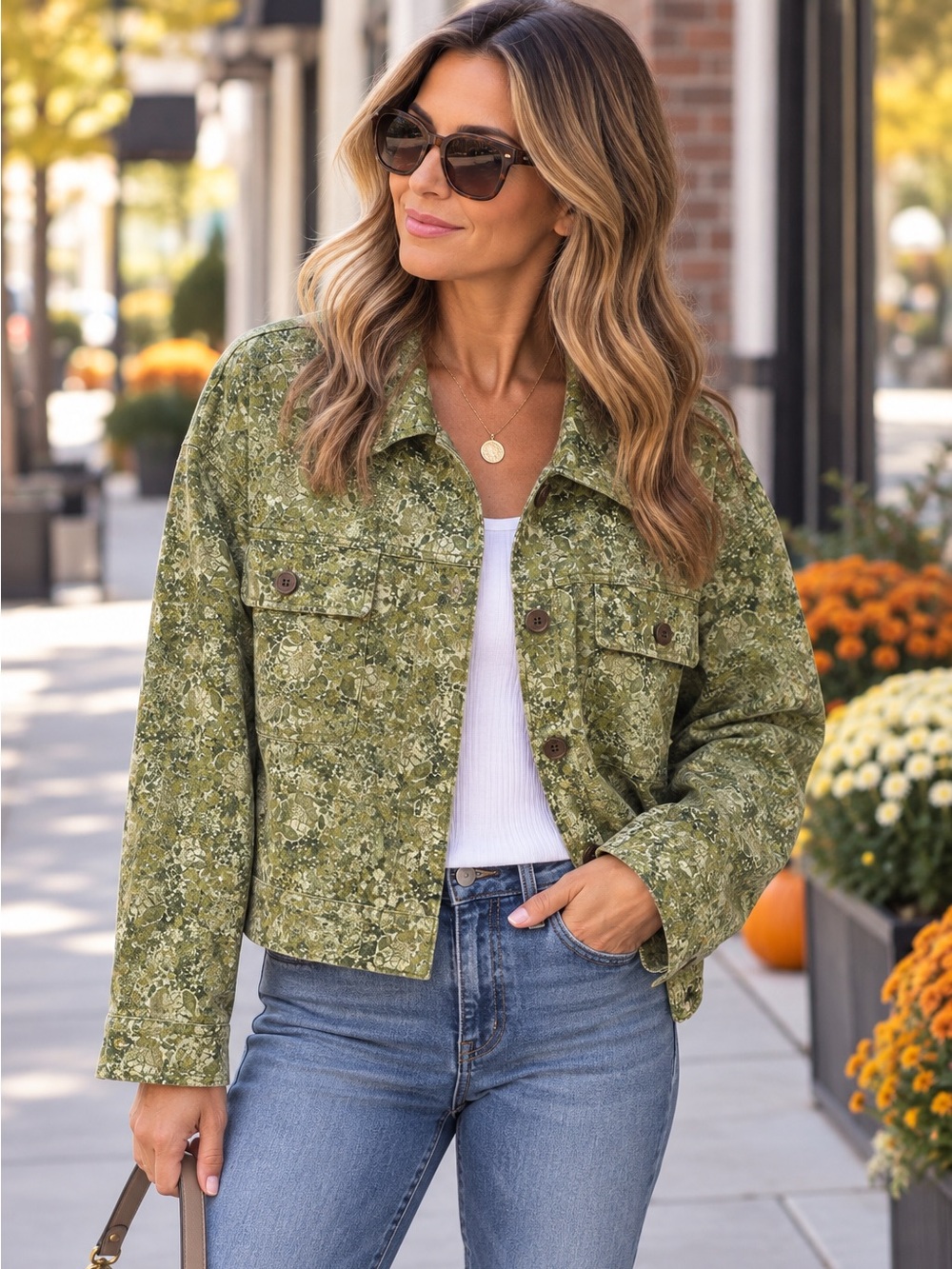 Wild Fable Jacket Green Floral Cropped Canvas Surplus Shacket